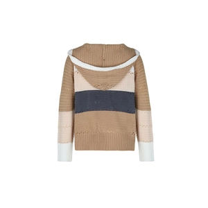 Detail view of the back of a color-block knit hoodie with intricate lace-up hollow details