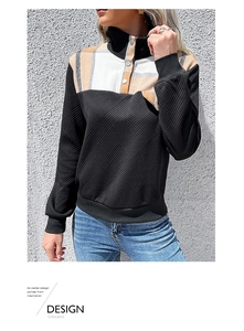 Close-up of vintage funnel neck sweatshirt with embossed texture and plaid splicing