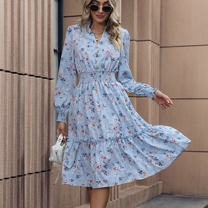 Elegant Floral Print V-Neck Long Sleeve Midi Dress Smocked Waist Ruffle Hem Casual A-Line Dress For Women Vacation