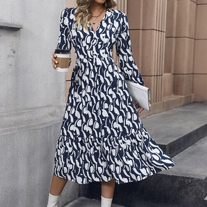 Robe Midi Élégante pour Femmes Col en V Manches Longues Imprimée Automne Décontractée Bleu Marine Polyester Robe de Fête Trapèze