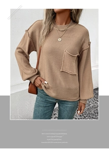 Detail view of camel knit sweater featuring raw edge stitching and a large chest pocket