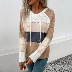 Women's striped color-block knit hoodie with hollow out crochet details and v-neck