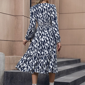 Robe midi à manches longues avec imprimé géométrique abstrait bleu marine pour femmes