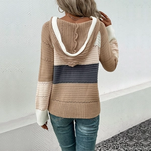 Women's hollow knit colorblock hoodie sweater in grey and beige tones back view