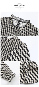 Detailed views of striped blouse showing ruffled collar, smocked bodice, and flared cuffs