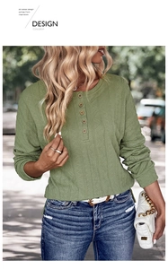 Gros plan sur la maille torsadée vert herbe et l'encolure Henley boutonnée du haut