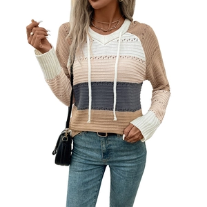Women's color block hooded sweater with long sleeves and hollow knit texture in slim fit