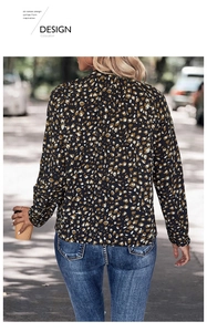 Detailed back view of a women's leopard print long sleeve shirt in lightweight fabric