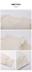 Detail of V-neckline and quilted diamond fabric with lace crochet sleeves on cream top