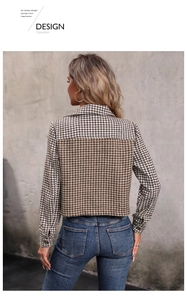 Macro detail of the back houndstooth pattern on this vintage-style plaid cropped jacket