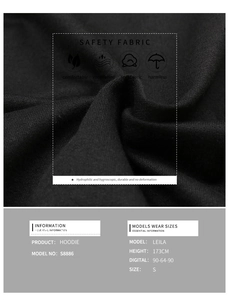 Details van de veiligheidsstof textuur en de maattabel voor de zwarte hoodie S8886