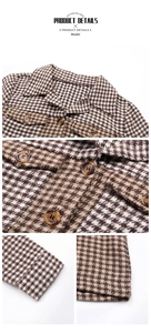 Detailed views of brown plaid jacket features including collar, buttons, and flap pockets