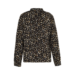 Back view of leopard print long-sleeved shirt with bow tie neck and chiffon fabric