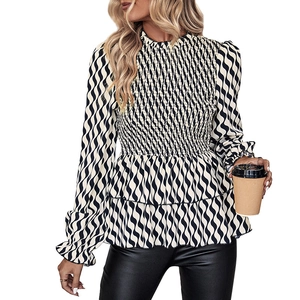 Women Elegant Smocked Wave Print Blouse Mock Neck Ruffle Bell Sleeve Peplum Top Casual Long Sleeve Shirt For Daily Wear
