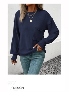 Close-up of navy blue knit sweater featuring a ribbed round neck and chest pocket detail