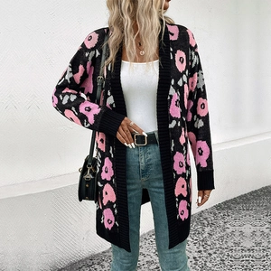 Gilet en maille pour femme avec imprimés floraux roses et manches longues style rétro