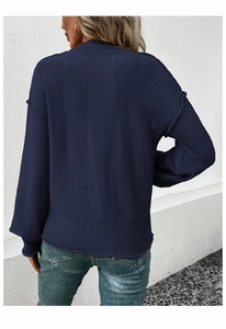 Detailed back view of a navy blue knit sweater showing thick texture and drop shoulder design