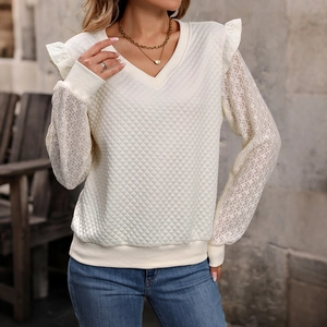 Women V Neck Ruffle Sweatshirt Lace Patchwork Long Sleeve Quilted Diamond Texture Pullover Top Casual Elegant Blouse Shirt