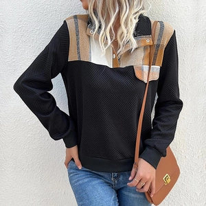 Women's vintage patchwork pullover sweatshirt with plaid stand collar and long sleeves