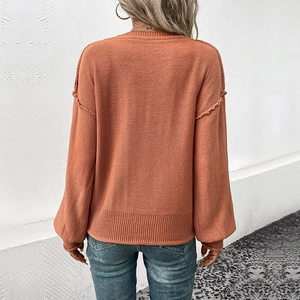 Pull en tricot orange à manches longues avec col rond et épaules tombantes pour femme