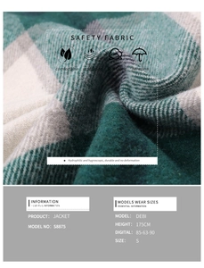Detail of green plaid jacket fabric texture and model size specifications S8875