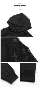 Detail van zwarte hoodie met trekkoord en fijn gebloemd kant op de mouwen voor dames