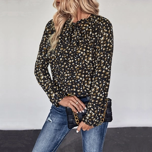 Elegant Leopard Print Bow-tie Neck Blouse For Women Long Sleeve Regular Fit Polyester Shirt Casual Commute Fall Top