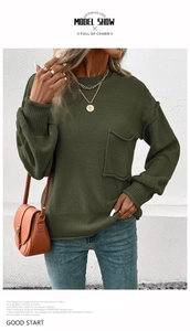 Detail of olive green knit sweater showing chest pocket with frayed edge design