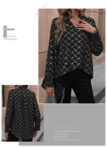 Detail of black long sleeve shirt with gold grid patterns and asymmetric hem design
