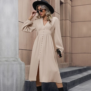 Abito Midi da Donna Elegante con Scollo a V e Maniche Lunghe Texturizzato Plissettato con Spacco Monopetto a Vita Impero Casual
