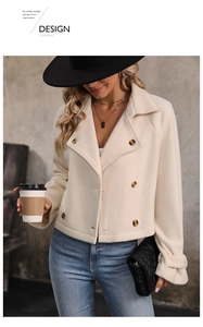 Detail of cream fleece jacket featuring double-breasted buttons and classic notched lapels