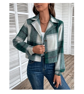 Detailed shot of green and white plaid cropped cardigan jacket with vintage lapel and buttons