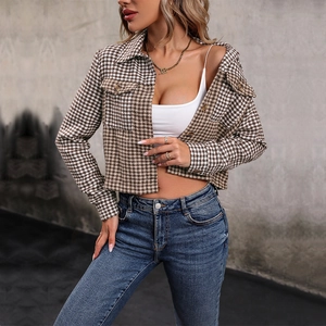 Short cropped plaid jacket for women featuring a brown houndstooth pattern and lapel collar