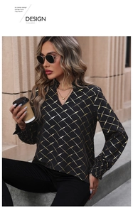 Detail of V-neck shirt with gold foil geometric pattern and elastic ruffled cuffs