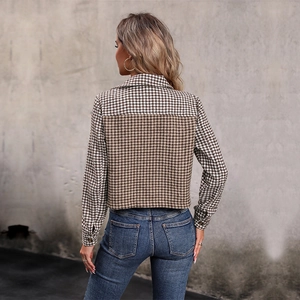 Women autumn plaid jacket featuring houndstooth pattern patchwork and a stylish lapel collar
