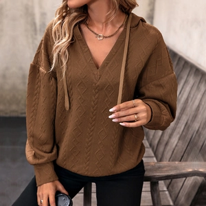 Women's deep brown V-neck knit hoodie with textured diamond pattern for autumn