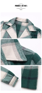 Close-up of green plaid jacket collar and cuffs showing woven brushed fabric texture