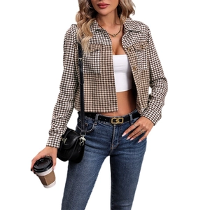 Women's vintage plaid cropped jacket with classic lapels and houndstooth pattern detail