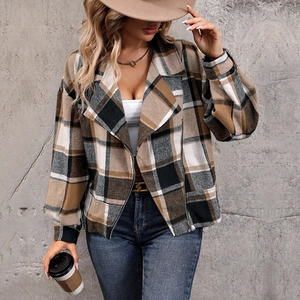 Women Retro Plaid Jacket Brushed Lapel Zipper Outerwear Casual Khaki Plaid Short Coat Fashion Long Sleeve Streetwear Top