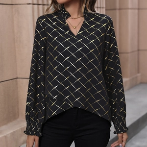 Elegant Women Long Sleeve V Neck Blouse Bronzing Gold Grid Print Irregular Hem Pullover Shirt Ruffle Collar Fashion Top