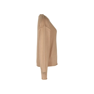 Detail view of khaki knit sweater showing dropped shoulder design and ribbed cuffs