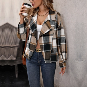 Women's plaid flannel jacket with lapel and zipper closure in a casual cropped style