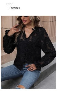 Detail of black lace V-neck blouse showing intricate floral texture and buttoned front