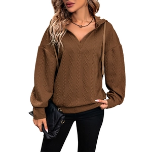 Women's brown textured knit hoodie with cable pattern and drawstring in a relaxed fit