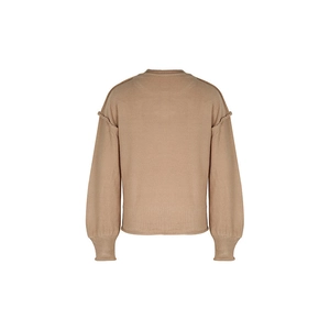 Detail view of khaki knit sweater back showing exposed seams and ribbed sleeve cuffs