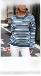 Détail du pull en maille rayé bleu et blanc avec col et poignets côtelés