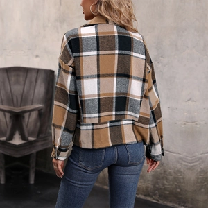 Women's brushed plaid zip jacket with retro lapel and brown check pattern design