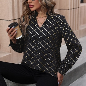 Women's V-neck long sleeve blouse in black with golden diagonal grid pattern print