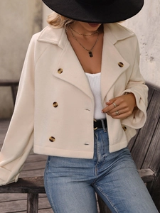 Chic beige button-down fleece jacket with lapel collar and short casual style