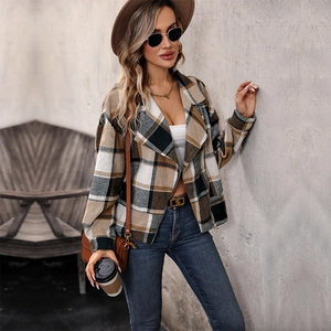 Women's vintage plaid brushed jacket with lapel and zipper in a street style look